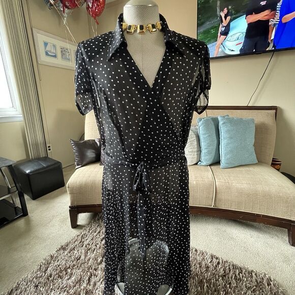 JBS Dress Woman's Size 20W Black White Polka Dot Sheer Faux Wrap with Belt Work - Picture 1 of 13